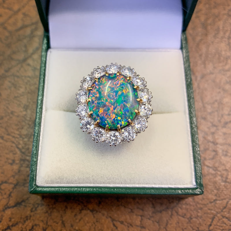 VINTAGE BLACK OPAL CLUSTER RING PLATINUM 5.75CT OPAL CIRCA 1970 box