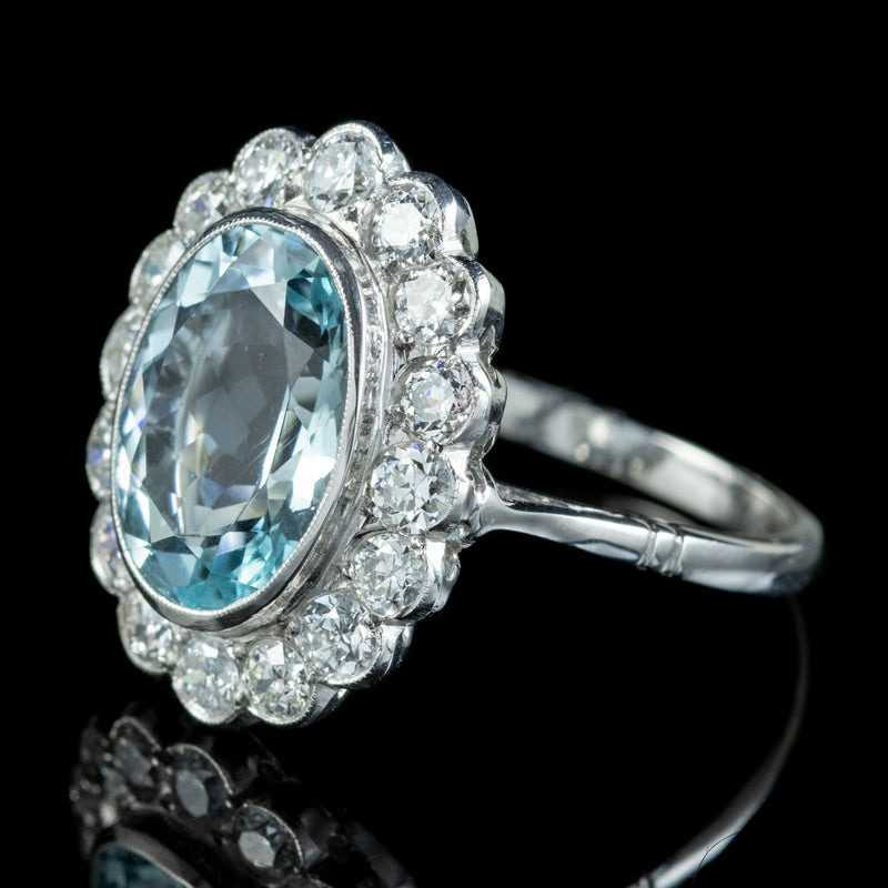 Edwardian Style Aquamarine Diamond Cluster Ring 5ct Aqua 