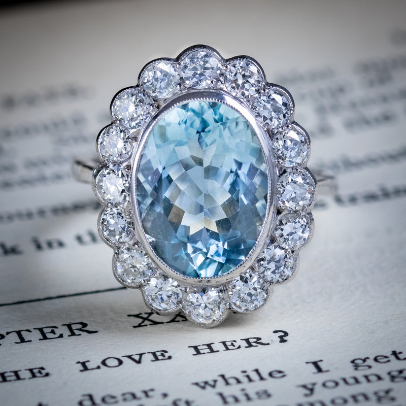 Edwardian Style Aquamarine Diamond Cluster Ring 5ct Aqua 