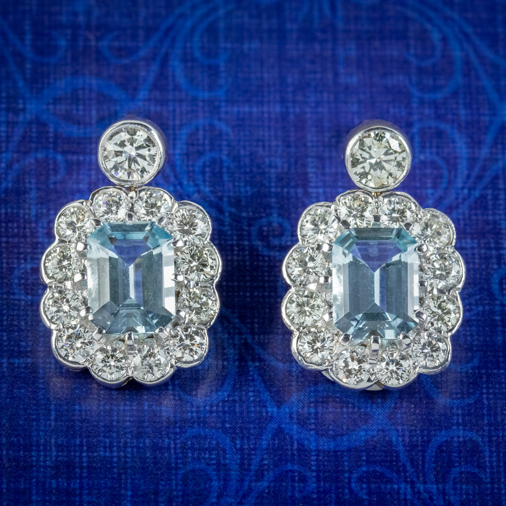 Edwardian Style Aquamarine Diamond Earrings 18Ct Gold Aquas