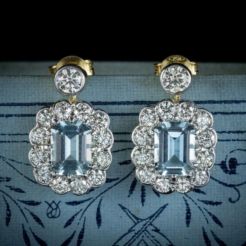 Edwardian Style Aquamarine Diamond Earrings 18ct Gold 2.50ct Aquas