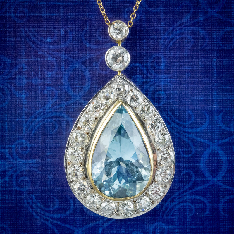 Edwardian Style Aquamarine Diamond Pendant Necklace 7ct Aqua