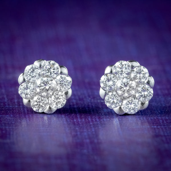 Edwardian Style Diamond Daisy Stud Earrings 18ct Gold 1ct Of Diamond