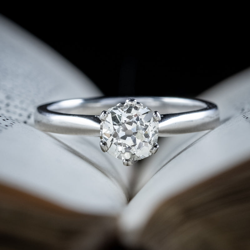 Edwardian Style Diamond Solitaire Ring 1.3ct Old Cut Diamond 