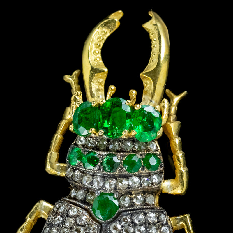 Edwardian Style Emerald Diamond Stag Beetle Brooch 3ct Of Emerald 