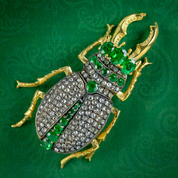 Edwardian Style Emerald Diamond Stag Beetle Brooch 3ct Of Emerald 