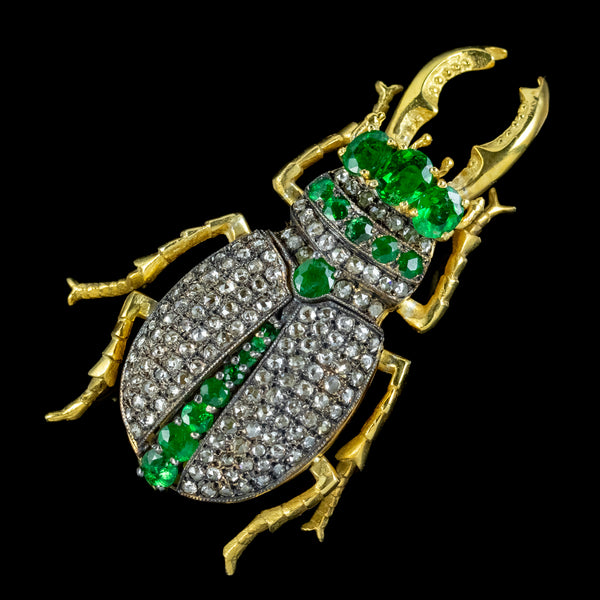 Edwardian Style Emerald Diamond Stag Beetle Brooch 3ct Of Emerald 