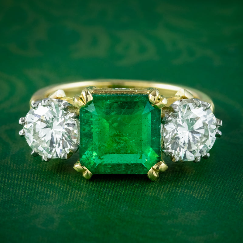 Edwardian Style Emerald Diamond Trilogy Ring 3.39ct Emerald 1.95ct Diamond With Cert 