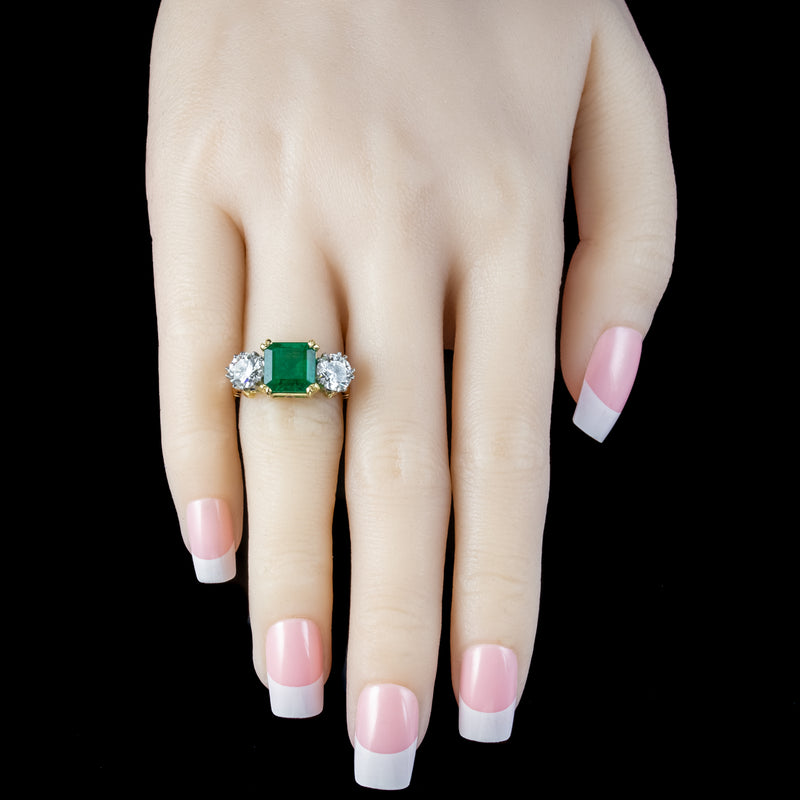 Edwardian Style Emerald Diamond Trilogy Ring 3.39ct Emerald 1.95ct Diamond With Cert 