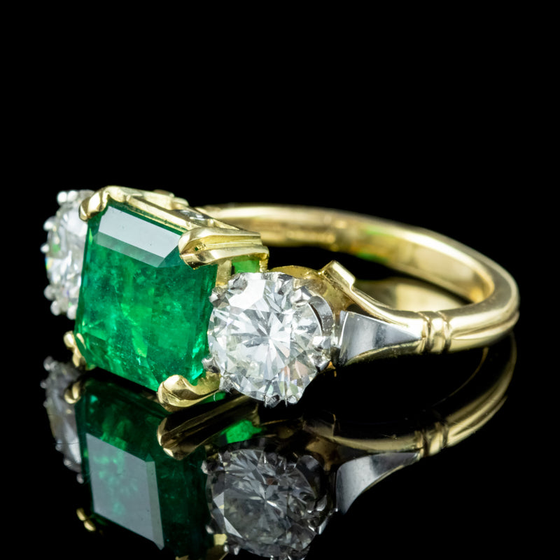 Edwardian Style Emerald Diamond Trilogy Ring 3.39ct Emerald 1.95ct Diamond With Cert 