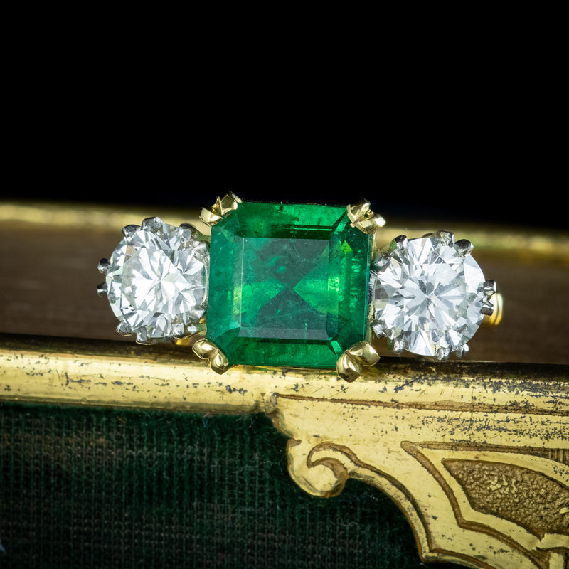 Edwardian Style Emerald Diamond Trilogy Ring 3.39ct Emerald 1.95ct Diamond With Cert 