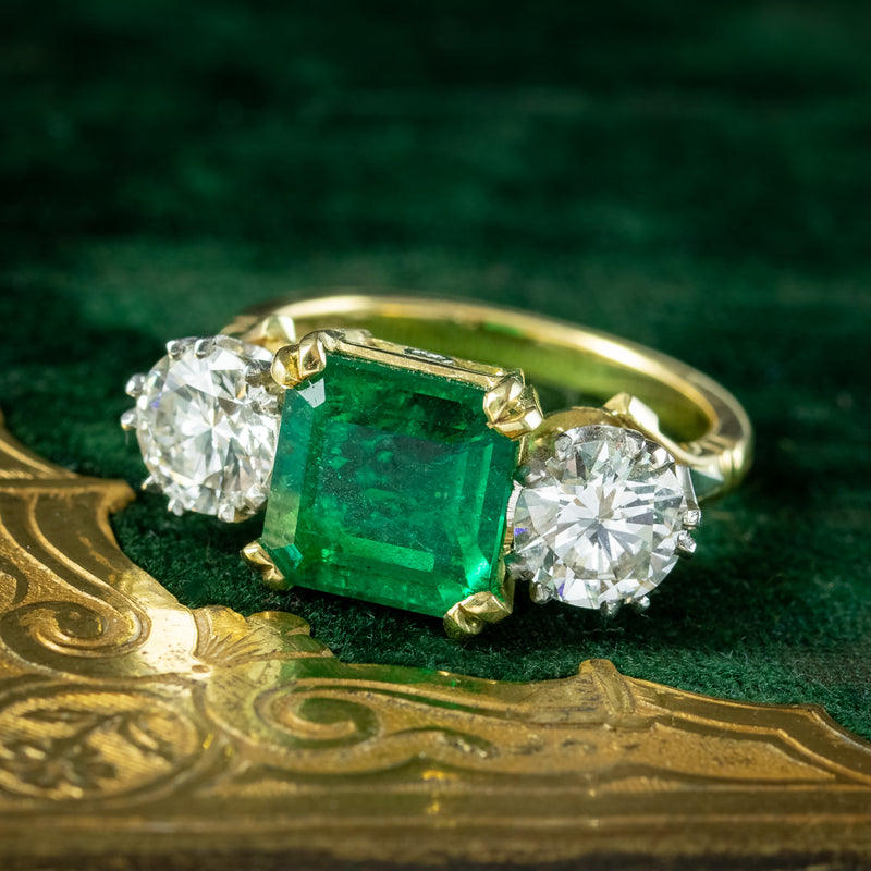 Edwardian Style Emerald Diamond Trilogy Ring 3.39ct Emerald 1.95ct Diamond With Cert 