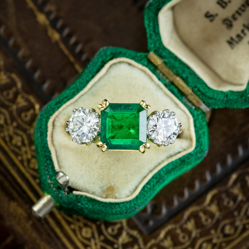 Edwardian Style Emerald Diamond Trilogy Ring 3.39ct Emerald 1.95ct Diamond With Cert Edwardian Style Emerald Diamond Trilogy Ring 3.39ct Emerald 1.95ct Diamond With Cert 