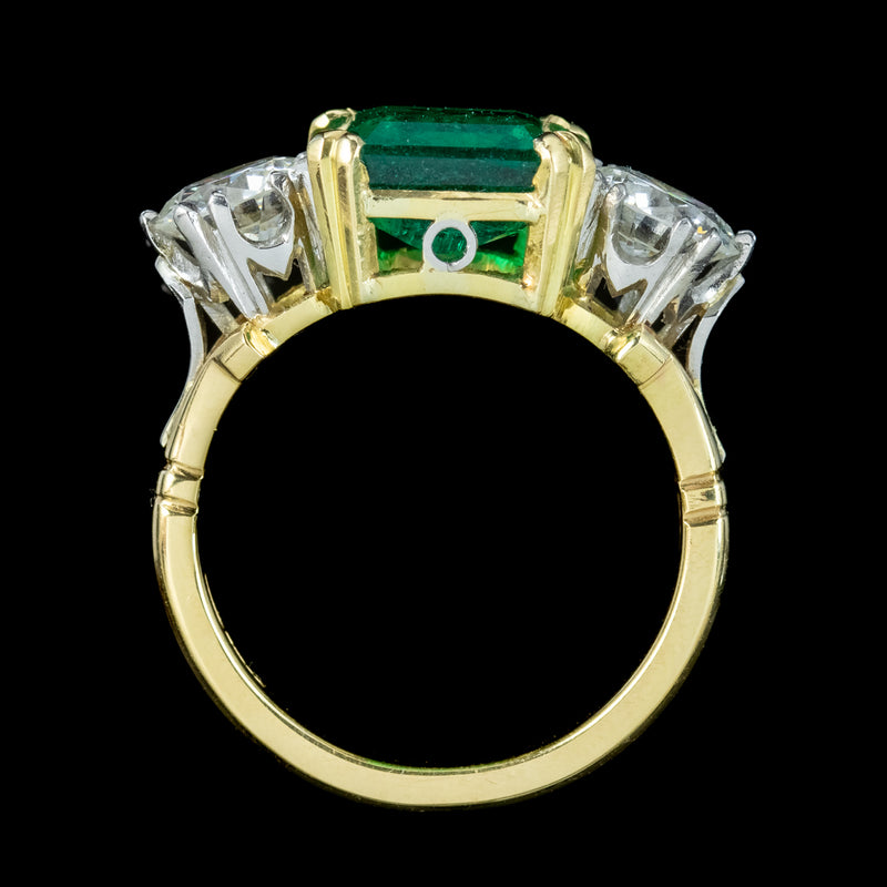 Edwardian Style Emerald Diamond Trilogy Ring 3.39ct Emerald 1.95ct Diamond With Cert 