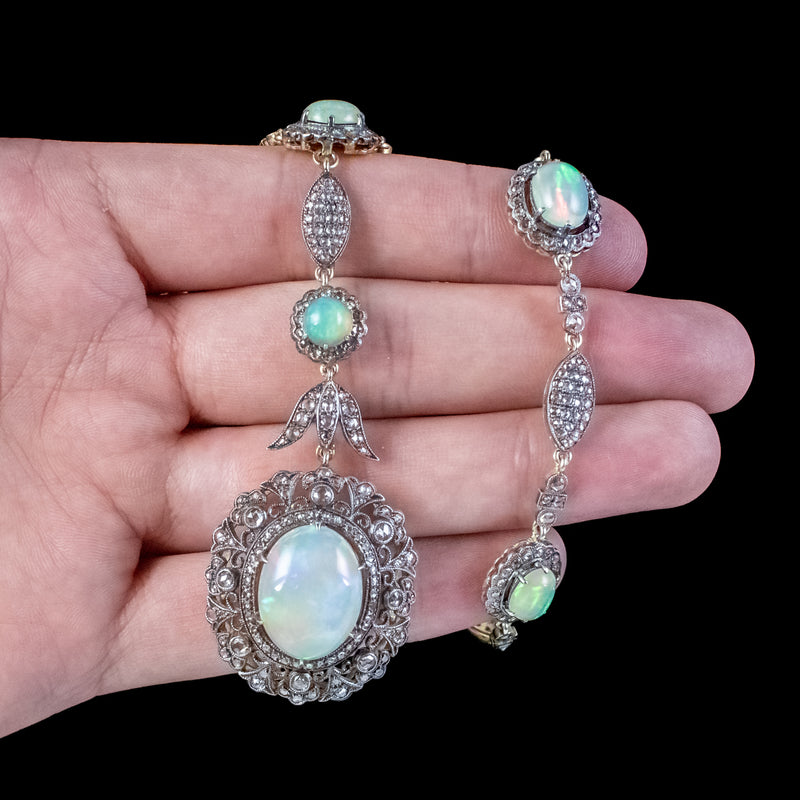 Edwardian Style Opal Diamond Lavaliere Necklace Silver 18ct Gold 30ct Of Opal