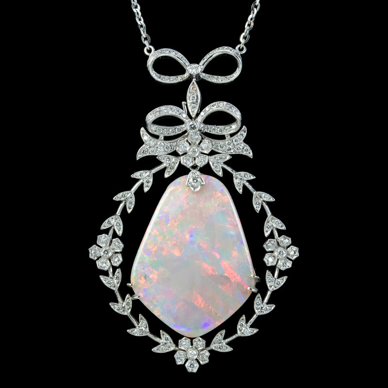 Edwardian Style Opal Diamond Lavaliere Pendant Necklace 18ct Gold 3ct Of Diamond 