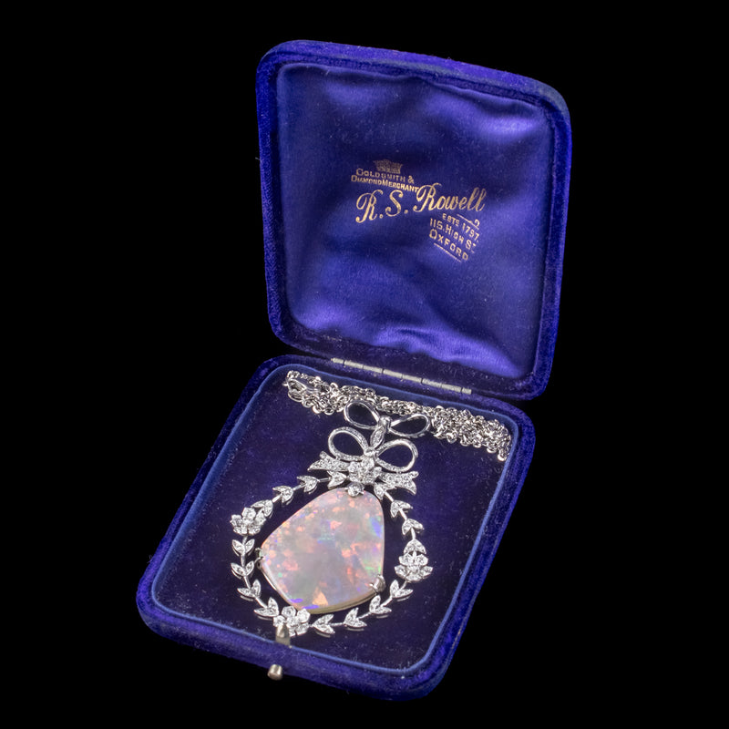 Edwardian Style Opal Diamond Lavaliere Pendant Necklace 18ct Gold 3ct Of Diamond 