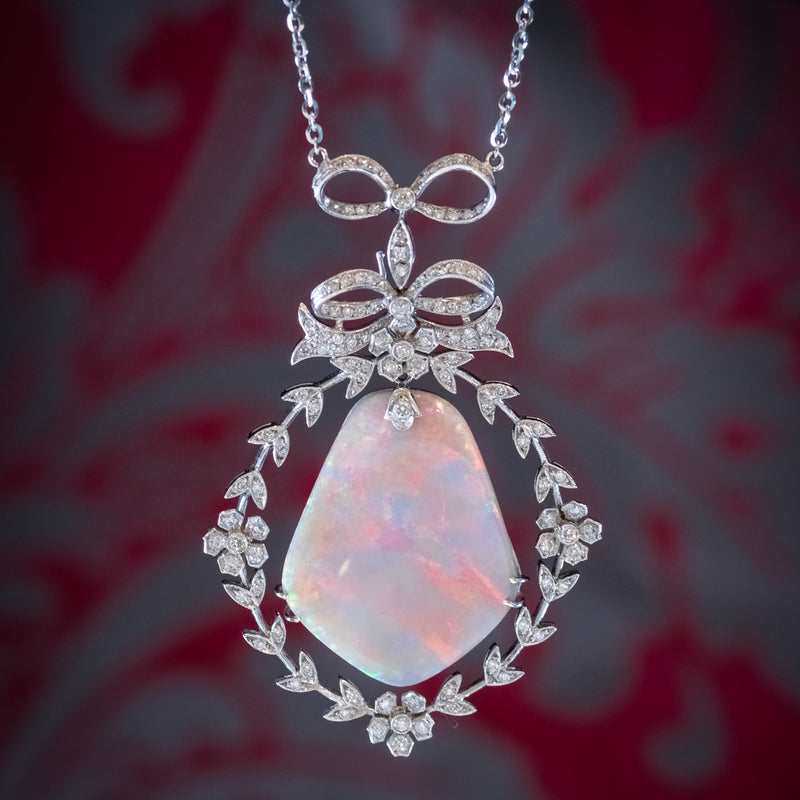Edwardian Style Opal Diamond Lavaliere Pendant Necklace 18ct Gold 3ct Of Diamond 