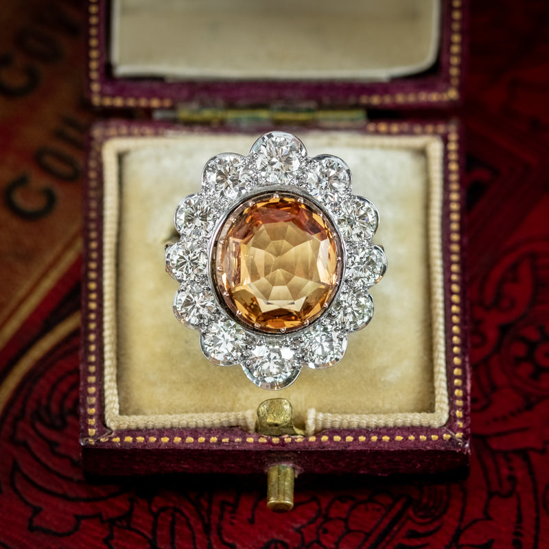 Edwardian Style Orange Topaz Diamond Cocktail Ring 6.5ct Topaz