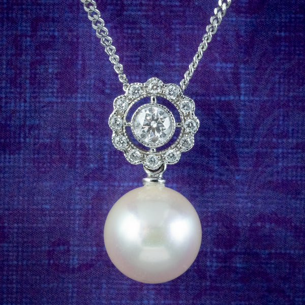 Edwardian Style Pearl Diamond Pendant Necklace 18ct Gold 