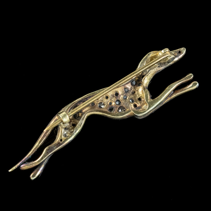 Edwardian Style Rose Cut Diamond Greyhound Brooch Silver Gold Gilt 