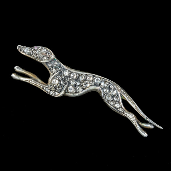 Edwardian Style Rose Cut Diamond Greyhound Brooch Silver Gold Gilt 