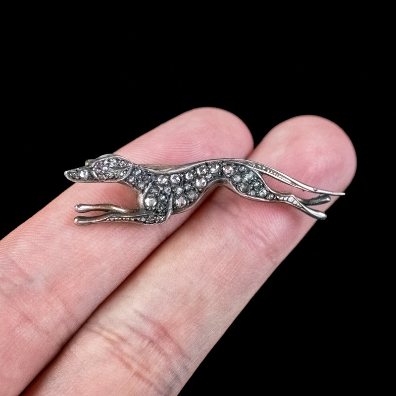 Edwardian Style Rose Cut Diamond Greyhound Brooch Silver Gold Gilt 