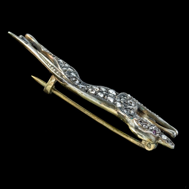 Edwardian Style Rose Cut Diamond Greyhound Brooch Silver Gold Gilt 