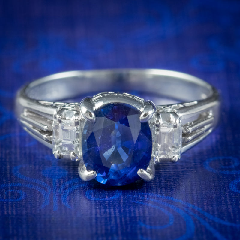 Edwardian Style Sapphire Diamond Trilogy Ring 1.65ct Sapphire