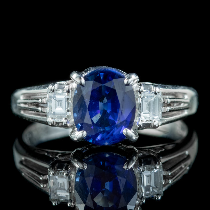 Edwardian Style Sapphire Diamond Trilogy Ring 1.65ct Sapphire