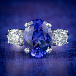 Edwardian Style Tanzanite Diamond Trilogy Ring 4.50ct Tanzanite 