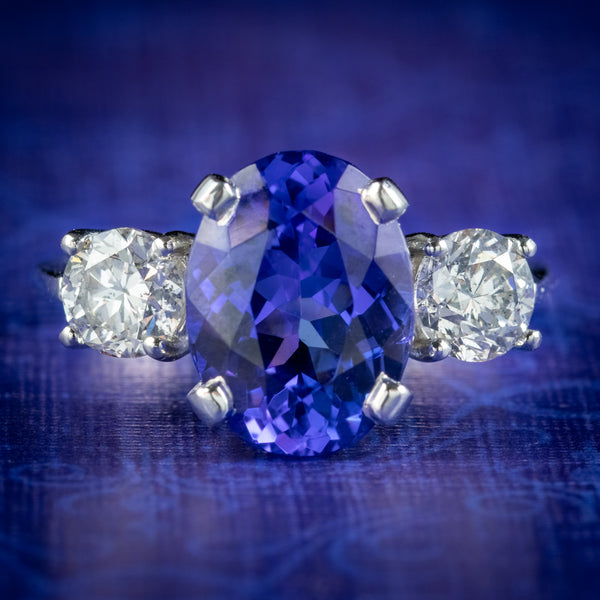Edwardian Style Tanzanite Diamond Trilogy Ring 4.50ct Tanzanite 