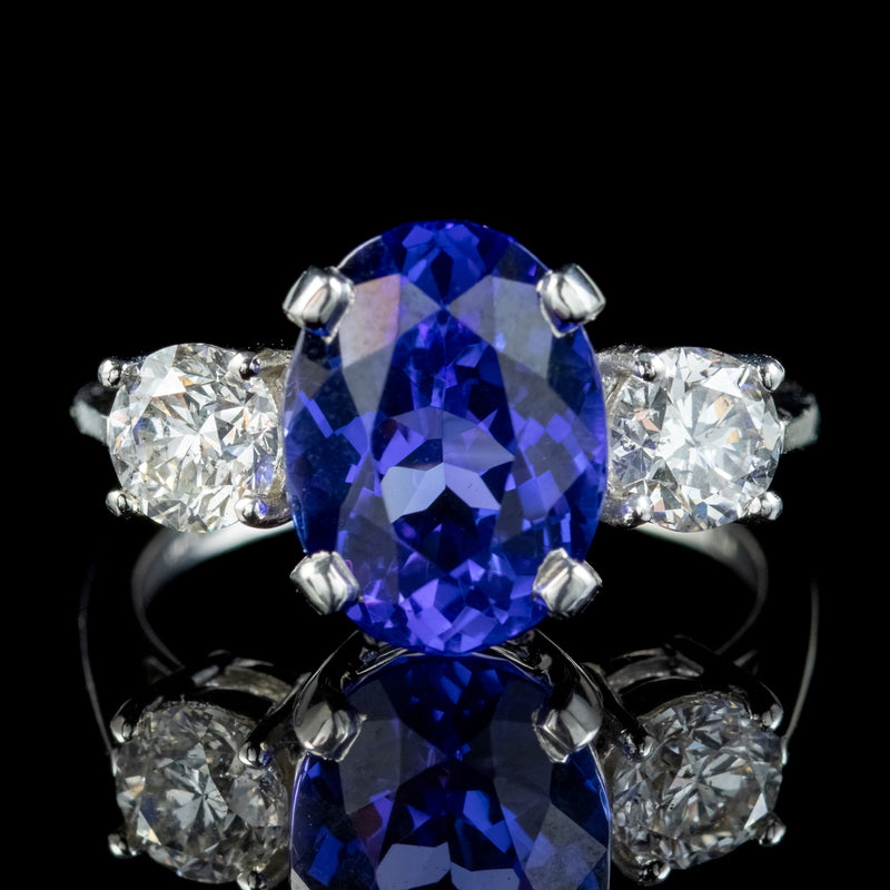 Edwardian Style Tanzanite Diamond Trilogy Ring 4.50ct Tanzanite 