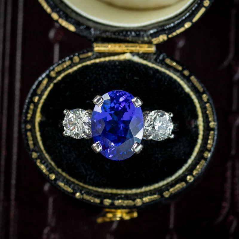 Edwardian Style Tanzanite Diamond Trilogy Ring 4.50ct Tanzanite 