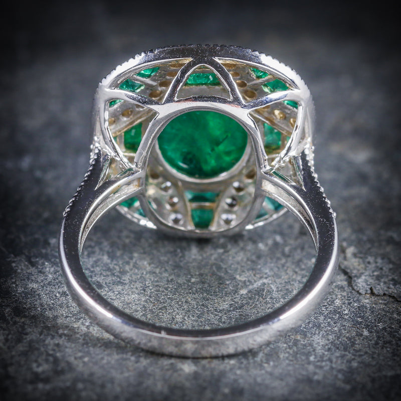 Emerald Diamond Cluster Ring 18ct White Gold BACK