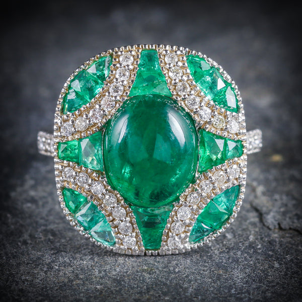 Emerald Diamond Cluster Ring 18ct White Gold FRONT