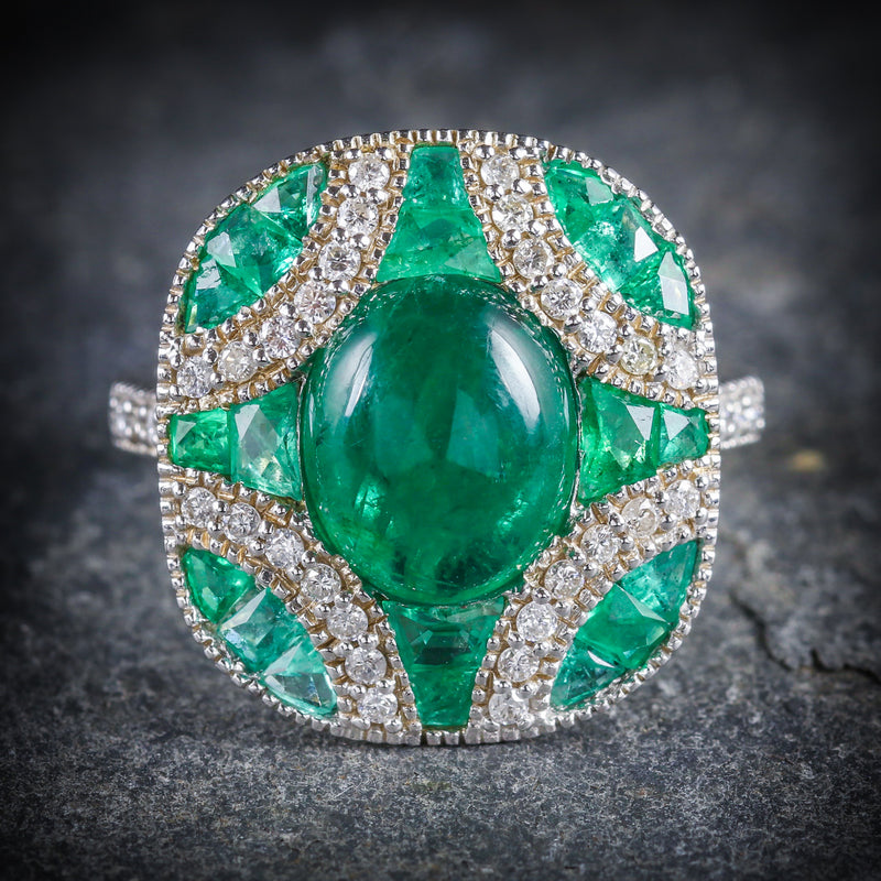Emerald Diamond Cluster Ring 18ct White Gold FRONT
