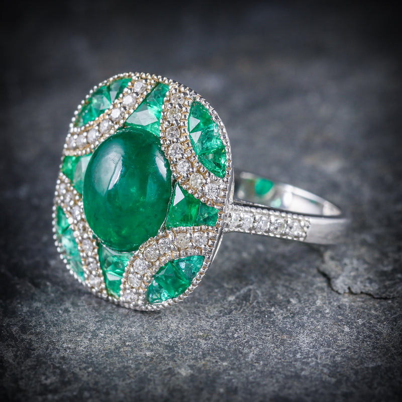 Emerald Diamond Cluster Ring 18ct White Gold SIDE