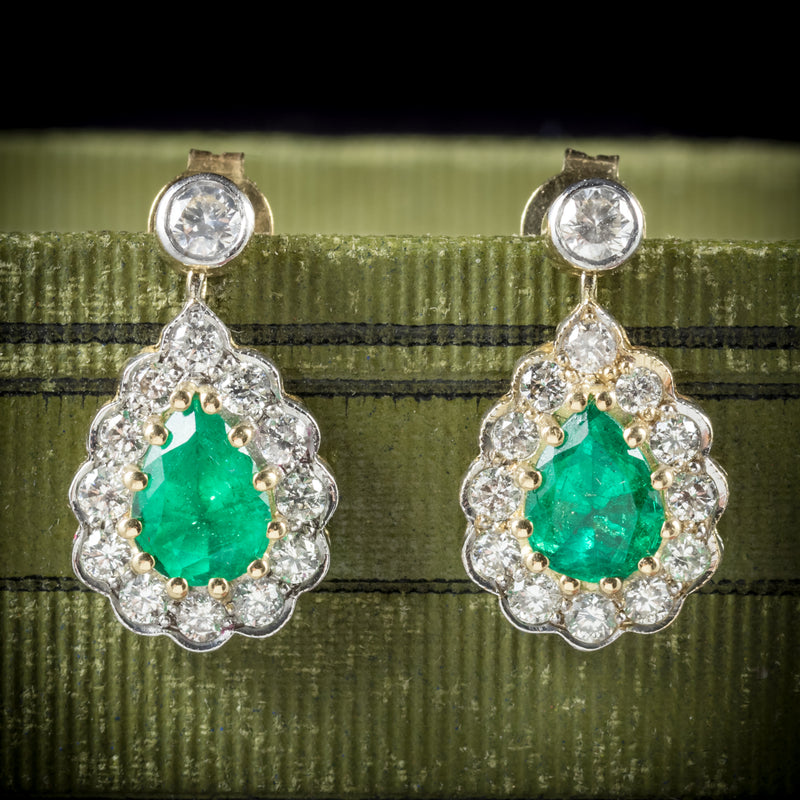 Emerald Diamond Drop Earrings 18ct Gold  COVER
