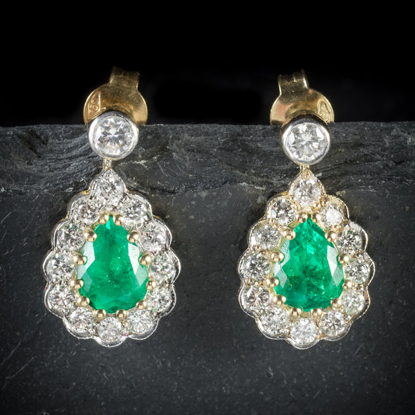 Emerald Diamond Drop Earrings 18ct Gold  front