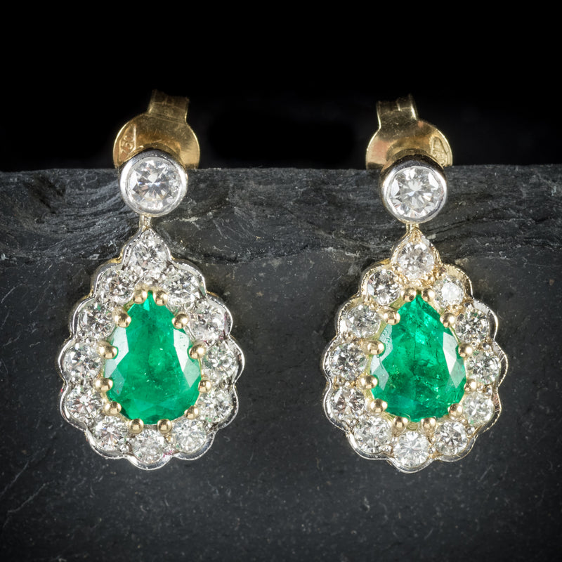 Emerald Diamond Drop Earrings 18ct Gold  front
