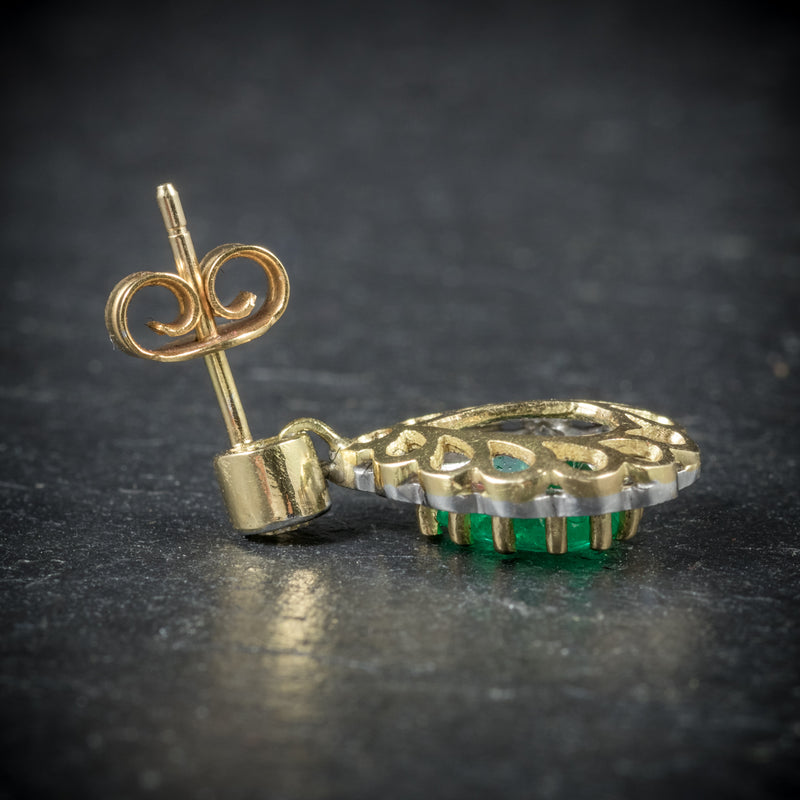 Emerald Diamond Drop Earrings 18ct Gold  post