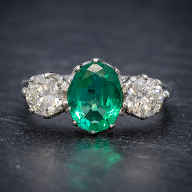 Emerald Diamond Trilogy Ring Platinum 2.50ct Emerald FRONT