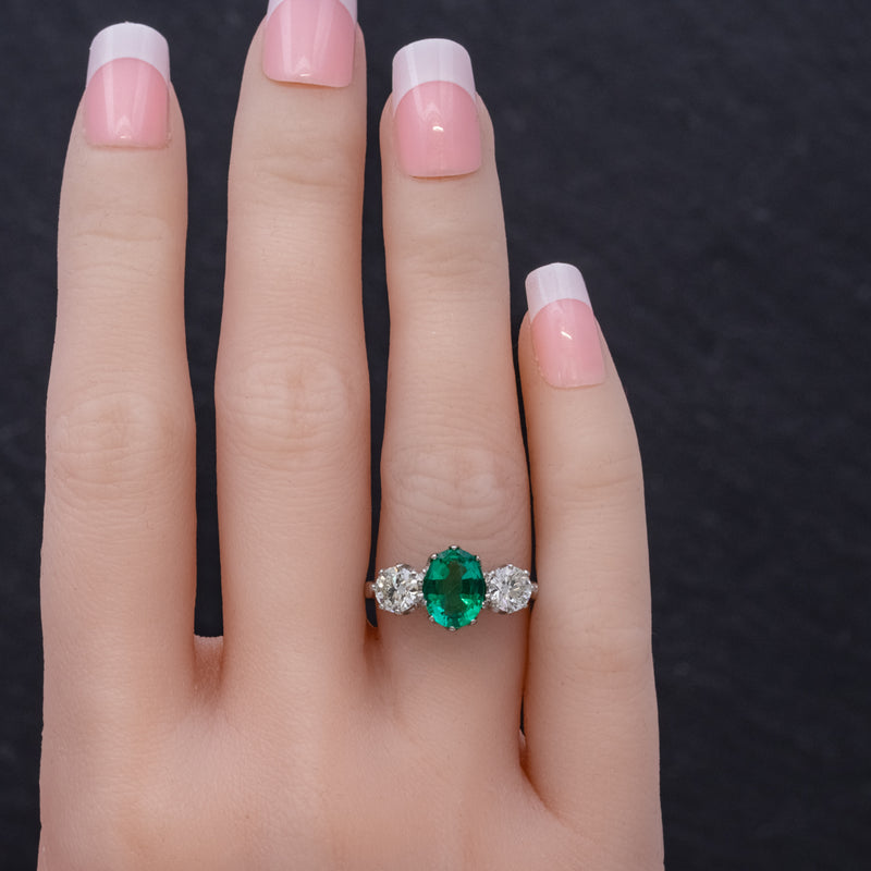 Emerald Diamond Trilogy Ring Platinum 2.50ct Emerald HAND