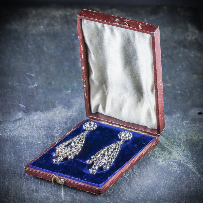 ANTIQUE GEORGIAN PASTE DROP EARRINGS CIRCA 1800 BOX OPEN
