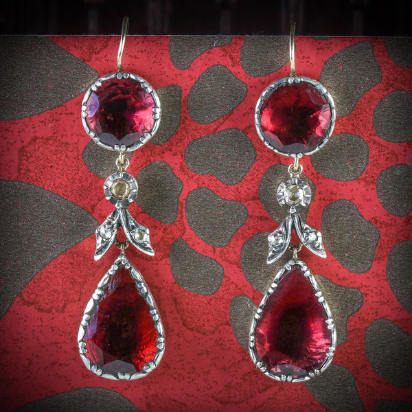 GEORGIAN FLAT CUT GARNET DIAMOND DROP EARRINGS 18CT GOLD SILVER COVER