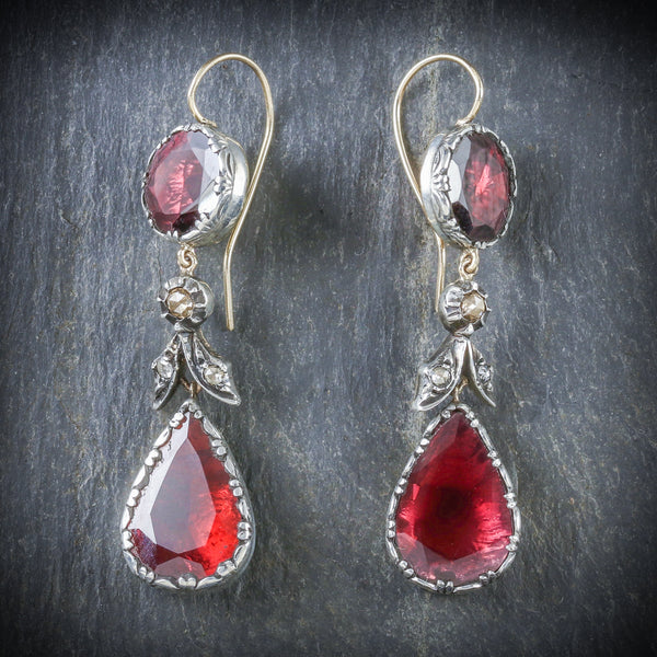 GEORGIAN FLAT CUT GARNET DIAMOND DROP EARRINGS 18CT GOLD SILVER FRONT