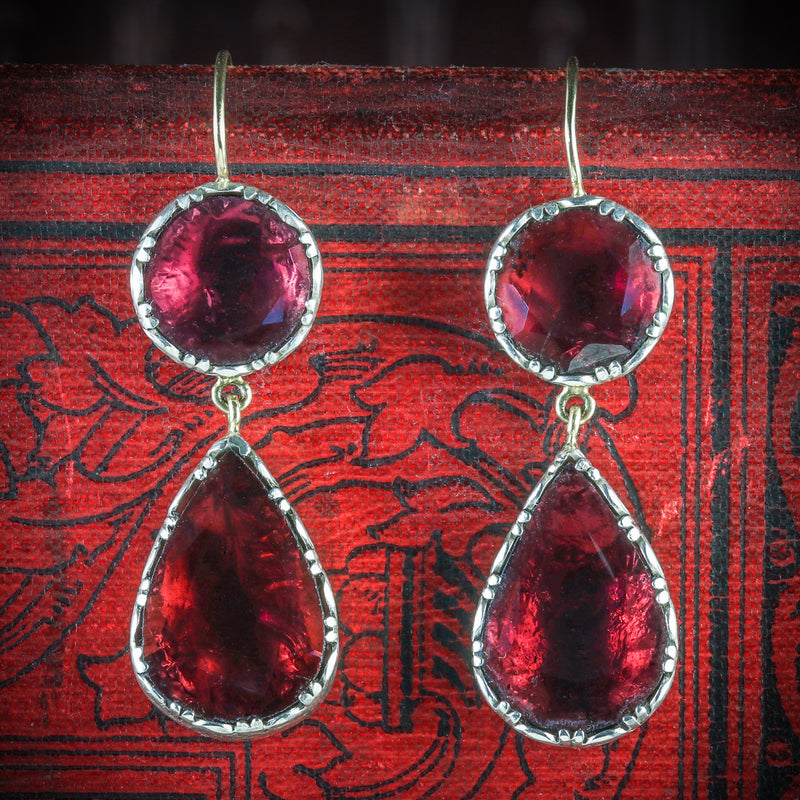 GEORGIAN GARNET DROP EARRINGS 18CT GOLD FLAT CUT GARNET COVER