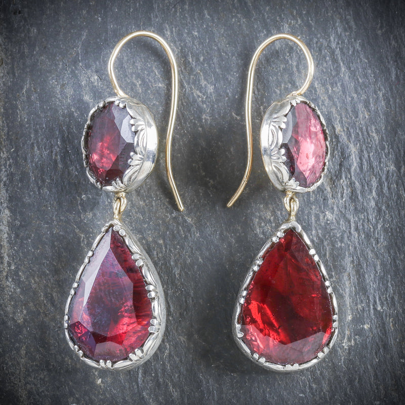 GEORGIAN GARNET DROP EARRINGS 18CT GOLD FLAT CUT GARNET FRONT