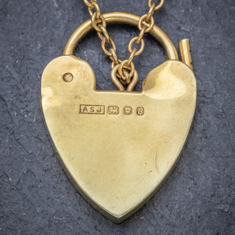 Heart Padlock Belcher Bracelet 18ct Gold On Solid Silver Dated 1976 BACK